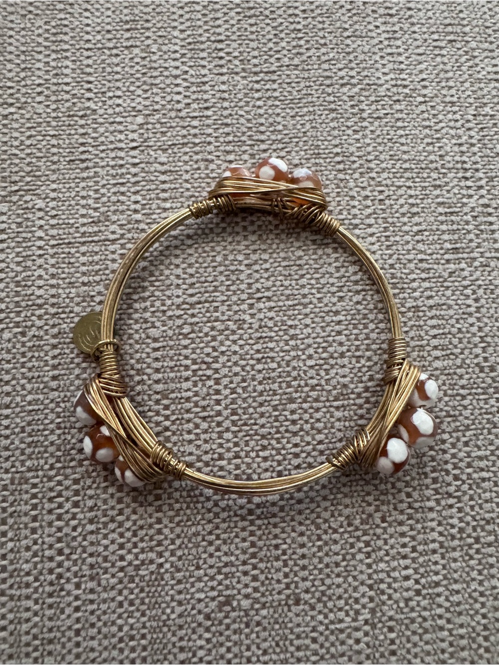 Gold-Tone Wire Wrapped Bracelet with Brown and White Spotted Beads